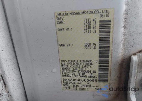 2010 Nissan Maxima 3.5 S из США, поврежденный, VIN 1N4AA5AP6AC865099